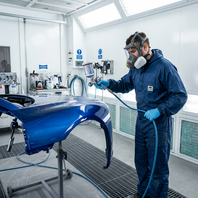 Profesional aplicando pintura tricapa en cabina